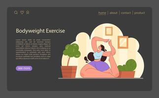 hogar rutina de ejercicio ilustración. un mujer realiza peso corporal ejercicio, promoviendo aptitud y flexibilidad. vector