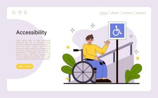 accesibilidad concepto. un persona en un silla de ruedas saluda el día vector