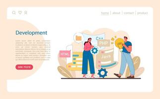 Development stage in IT project management. A dynamic representation of coding and programming. vector