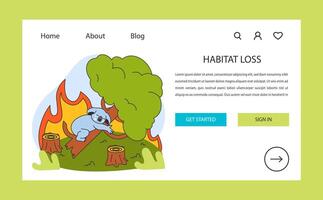 Habitat loss web banner or landing page. Distressed koala amidst flames. vector