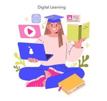 digital aprendizaje concepto un estudiante en graduación gorra multitarea con un ordenador portátil y un libro, simbolizando moderno educación y información acceso ilustración vector