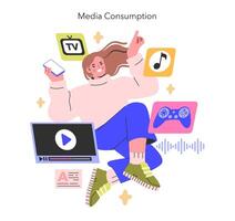 Media Consumption concept A woman enjoys a multimedia symphony, seamlessly juggling TV, music, and gaming Digital era leisure in vibrant vectors illustration