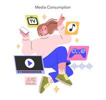 medios de comunicación consumo concepto un mujer disfruta un multimedia sinfonía, sin problemas malabares televisor, música, y juego de azar digital era ocio en vibrante vectores ilustración