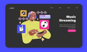 Music Streaming concept A joyful listener selects tunes from a digital library, embodying the ease of accessing diverse music genres at a touch illustration vector