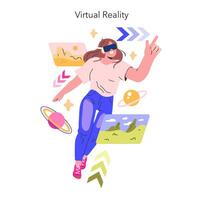 Virtual Reality experience An enthusiast explores digital landscapes, delving into immersive worlds with VR technology Interactive gaming ascends to new dimensions illustration vector