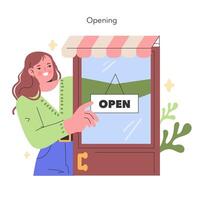 grandioso apertura alegría un orgulloso tienda propietario voltea el abierto firmar, Listo a Bienvenido el primero clientes dentro un nuevo aventurarse un hito momento capturado en alegre estilo vector