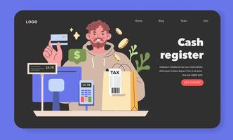 pequeño negocio transacción un cliente a un efectivo Registrarse hace un pago con un tarjeta, capturar el todos los días intercambiar en moderno comercio ilustración vector