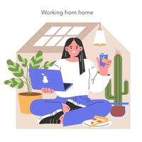 trabajando desde hogar ilustración un individual encarna el comodidad de hogar oficinas con ocio elementos en un armoniosamente diseñado espacio de trabajo ilustración vector