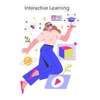 Interactive Learning concept An animated student uses virtual reality to experience immersive educational simulations, bridging technology and practical learning illustration vector