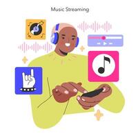 música transmisión concepto un alegre oyente selecciona melodías desde un digital biblioteca, encarnando el facilitar de accediendo diverso música géneros a un toque ilustración vector