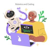 Maker Culture concept A man with a robot illustrates the future of coding and robotics, a blend of technology and human innovation Education meets AI illustration vector