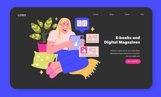 E-books and Digital Magazines concept A reader dives into the world of digital literature, surrounded by the comforts of home Embracing the future of reading illustration vector