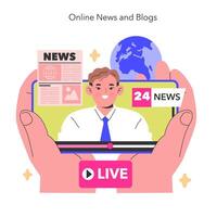 en línea Noticias y blogs concepto un digital locutor de telediario regalos En Vivo actualizaciones desde alrededor el globo, encapsulando un mundo conectado por información ilustración vector