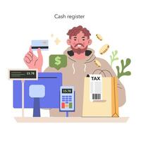 pequeño negocio transacción un cliente a un efectivo Registrarse hace un pago con un tarjeta, capturar el todos los días intercambiar en moderno comercio ilustración vector