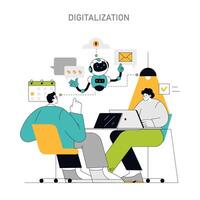 Digitalization concept Professionals leverage technology and robotics for efficiency, showcasing the integration of AI in modern business solutions illustration vector