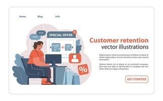 cliente retencion concepto. mujer a escritorio explorador en línea ofertas vector