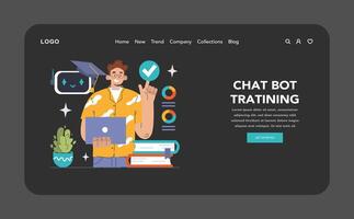 Chat Bot Training dark or night mode web, landing. Programmer fine-tunes vector