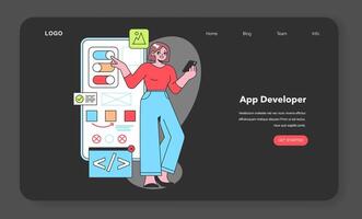 An App Developer taps into technology to create engaging mobile applications, showcasing the innovative spirit of software development in the digital age. vector