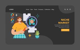 Niche Market dark or night mode web, landing. Woman analyzing vector