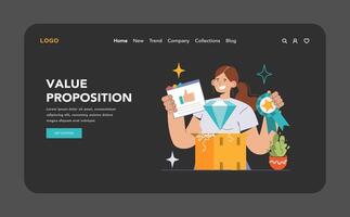 Value Proposition dark or night mode web, landing. Confident woman vector