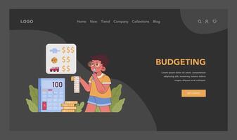 Budgeting dark or night mode web, landing. Boy calculates and assesses vector