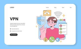 A virtual team member showcases secure VPN. Flat illustration vector