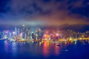 Aerial view of illuminated Hong Kong skyline. Hong Kong, China photo