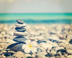 Zen balanced stones stack with plumeria flower photo