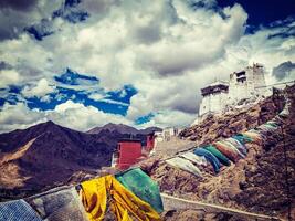 leh gompa y pulmón oración banderas leh, ladakh, India foto