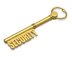 Golden key with security text made of gold isolated photo