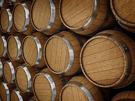 Wooden oak brandy wine beer barrels rows photo