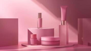 A minimalist product photo of a matching beauty range in rose pink background.