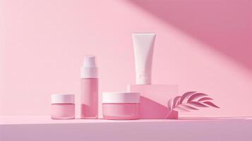 A minimalist product photo of a matching beauty range in rose pink background.