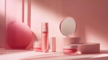 A minimalist product photo of a matching beauty range in rose pink background.