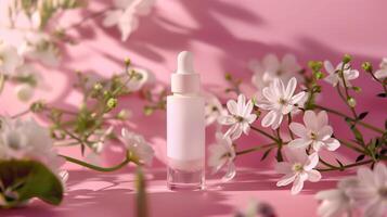 A white serum in pink background with flowers. photo