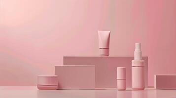 A minimalist product photo of a matching beauty range in rose pink background.