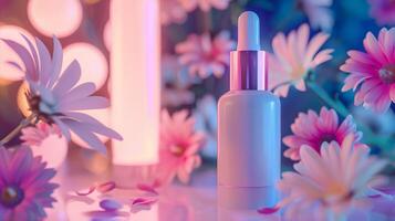 A white serum in pink background with flowers. photo