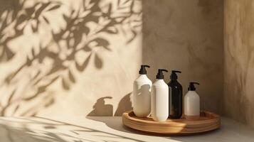 A mockup of white and black skincare tubes on a wooden tray. photo