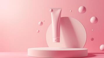 A pink pastel background with spheres and tubes for a cosmetic mockup. photo