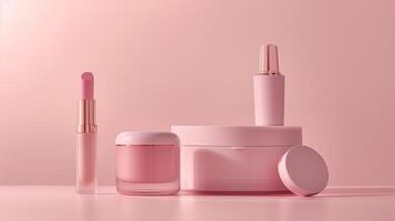 A minimalist product photo of a matching beauty range in rose pink background.