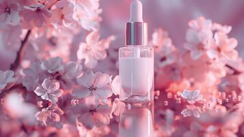 A white serum in pink background with flowers. photo