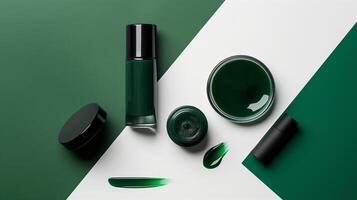 A dark green and white background with beauty products. photo