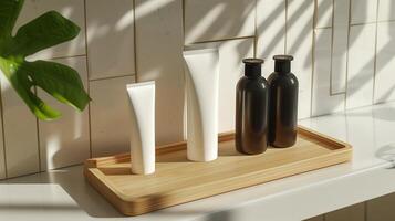 A mockup of white and black skincare tubes on a wooden tray. photo