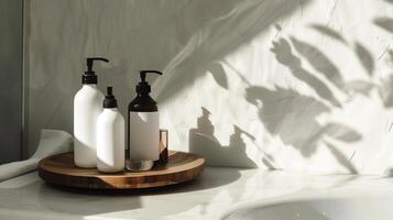 A mockup of white and black skincare tubes on a wooden tray. photo