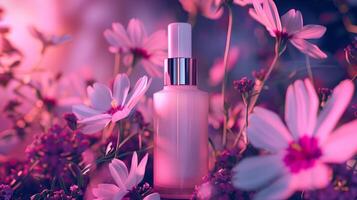 A white serum in pink background with flowers. photo