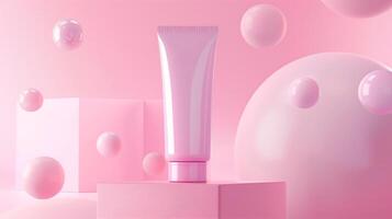 A pink pastel background with spheres and tubes for a cosmetic mockup. photo