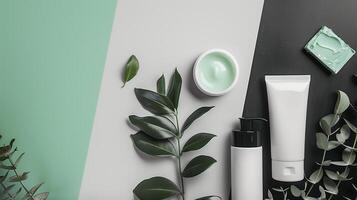 A black, green and white background with beauty products. photo