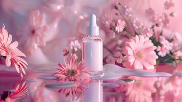 A white serum in pink background with flowers. photo