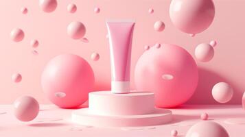 A pink pastel background with spheres and tubes for a cosmetic mockup. photo