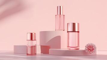 A minimalist product photo of a matching beauty range in rose pink background.